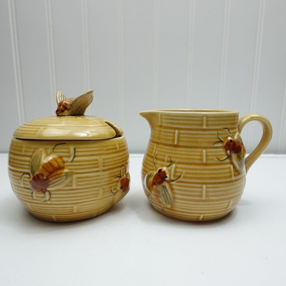 Vintage Secla Portugal Beehive Sugar Bowl and Creamer Set Honey Bee Pottery